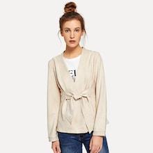 Romwe Tie Waist Suede Coat