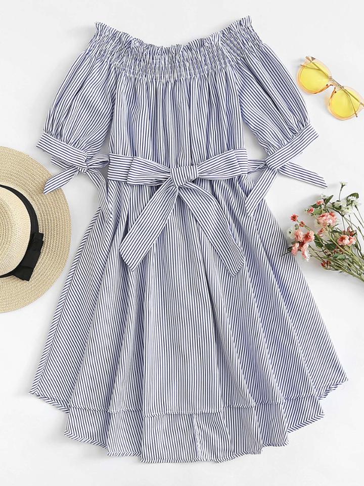 Romwe Off Shoulder Dip Hem Striped Dress