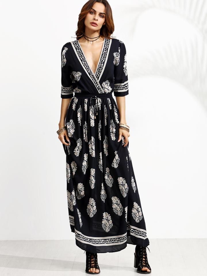 Romwe Navy Print Deep V Neck Drawstring Wrap Dress