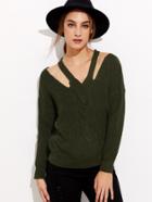 Romwe Army Green Drop Shoulder Cut Out Twist Front Sweater