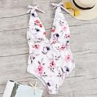 Romwe Floral Ruched Tie Shoulder Low Back One Piece Swim