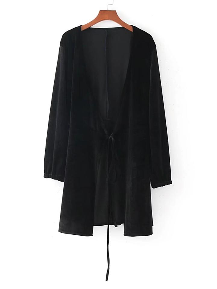 Romwe Tie Front Wrap Velvet Dress