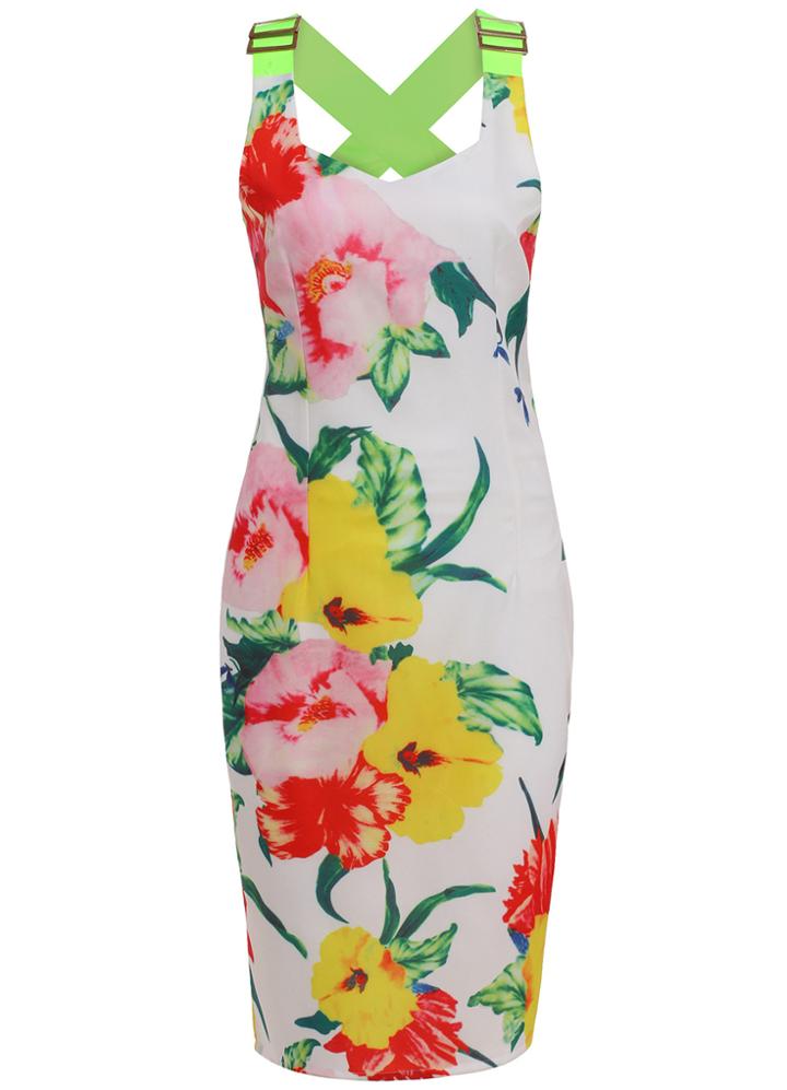 Romwe Back Criss Cross With Zipper Florals Bodycon Dress
