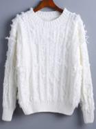 Romwe White Ribbed Trim Fringe Sweater