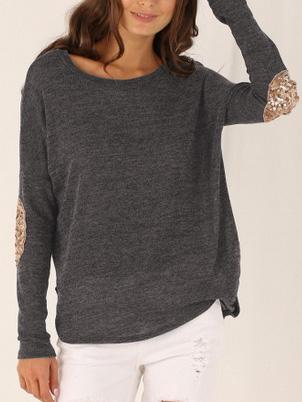 Romwe Long Sleeve Sequined Grey T-shirt