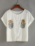 Romwe In Pocket Cat Print Buttoned Chiffon T-shirt