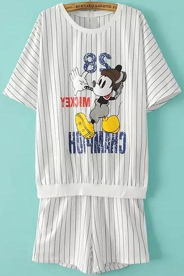 Romwe Mickey Print Top With Vertical Striped White Shorts