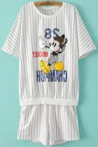 Romwe Mickey Print Top With Vertical Striped White Shorts