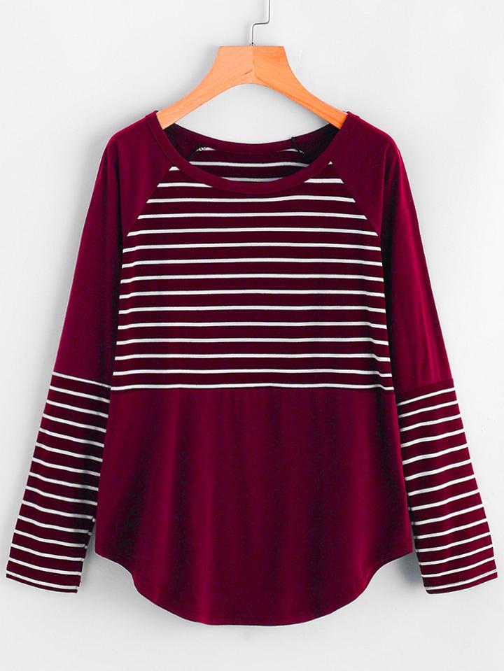 Romwe Contrast Striped Curved Hem Raglan Tee
