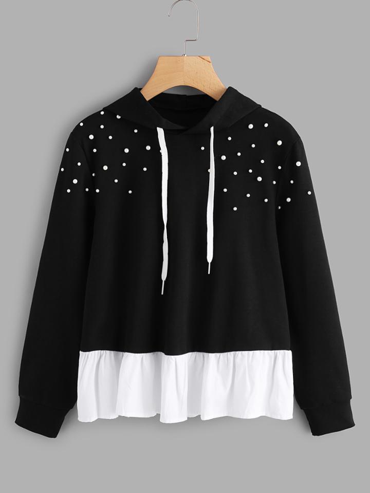 Romwe Pearl Beaded Contrast Frill Hem Hoodie