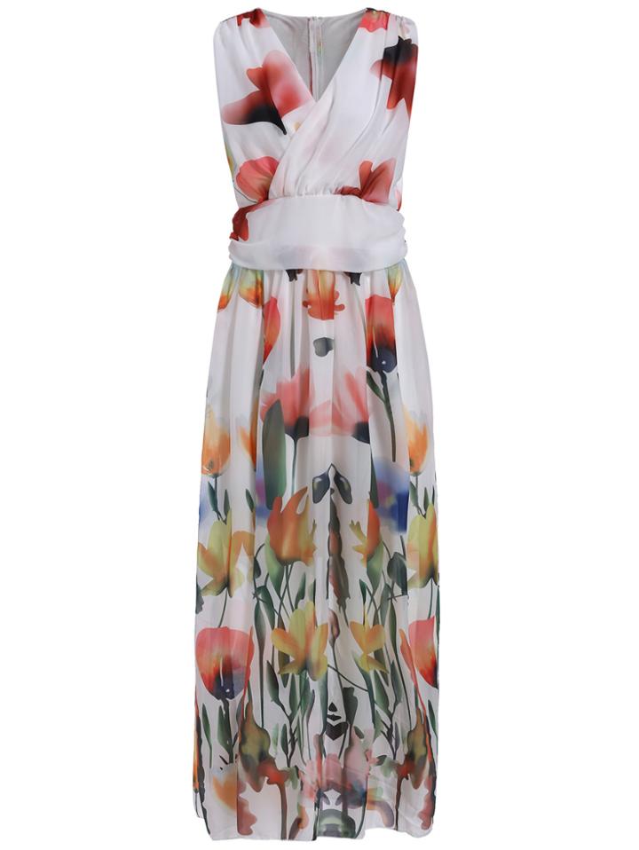 Romwe V Neck Sleeveless Florals Chiffon Dress