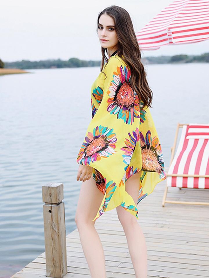 Romwe Floral Print Asymmetrical Hem Cover Up