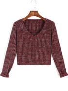 Romwe Red V Neck Long Sleeve Crop Sweater