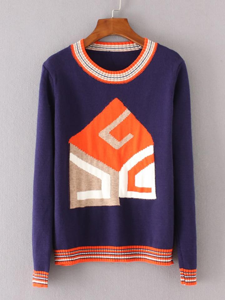 Romwe Striped Trim Geometric Pattern Sweater