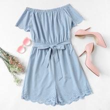 Romwe Off Shoulder Cut Out Romper With Belt
