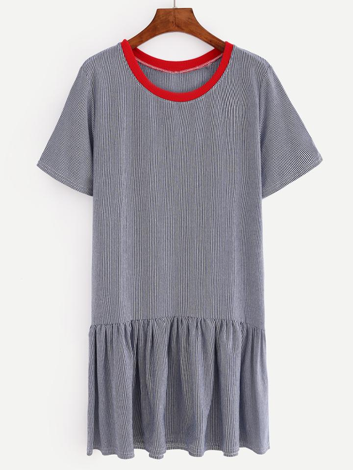 Romwe Contrast Neck Ruffled Hem Blue Vertical Striped Dress