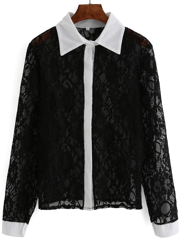 Romwe Contrast Lapel Lace Black Blouse
