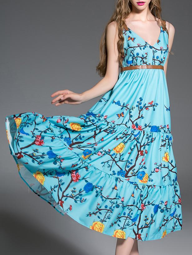 Romwe Blue V Neck Backless Floral A-line Dress