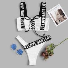 Romwe Letter Tape Lace-up Top With High Leg Bikini