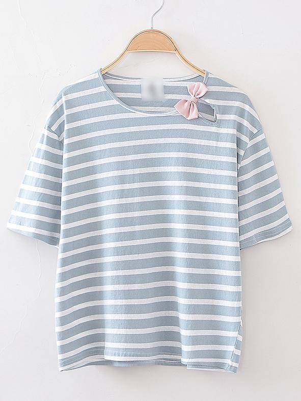 Romwe Grey Round Neck Stripe Bow T-shirt