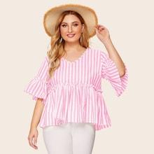 Romwe Plus Striped Ruffle Hem Frill Blouse