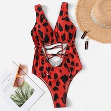 Romwe Leopard Cut-out Drawstring Low Back One Piece Swimwear