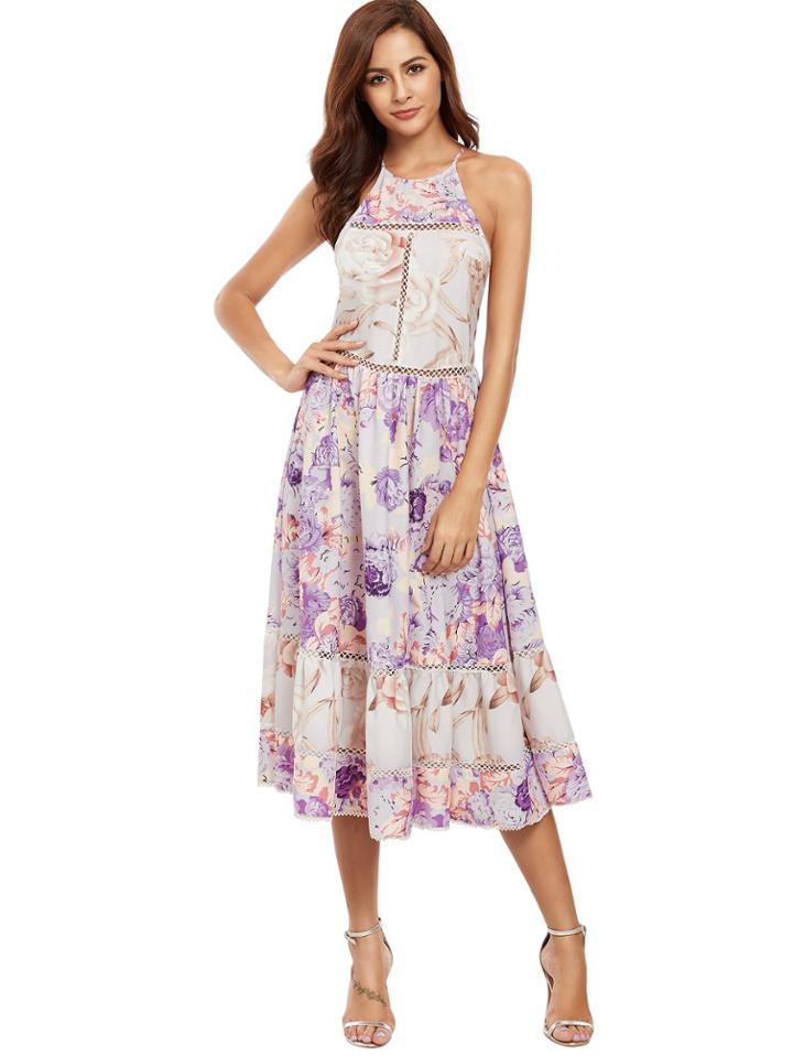 Romwe Multicolor Print Ruffle Hem Flare Midi Dress