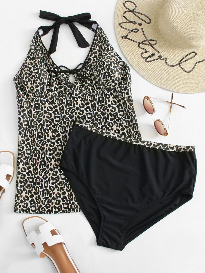 Romwe Halter Neck Leopard Print Tankini Set