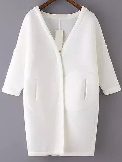 Romwe V Neck Pockets White Coat