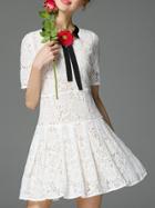 Romwe White Tie Neck A-line Pleated Lace Dress