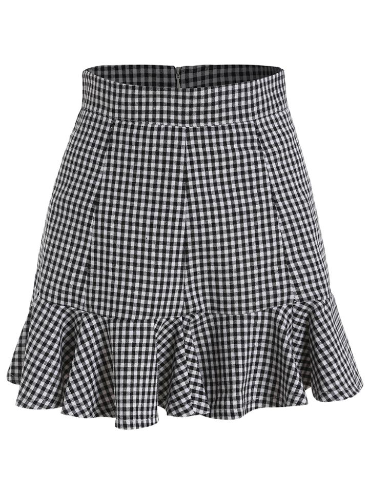 Romwe Peplum Hem Plaid Black Skirt