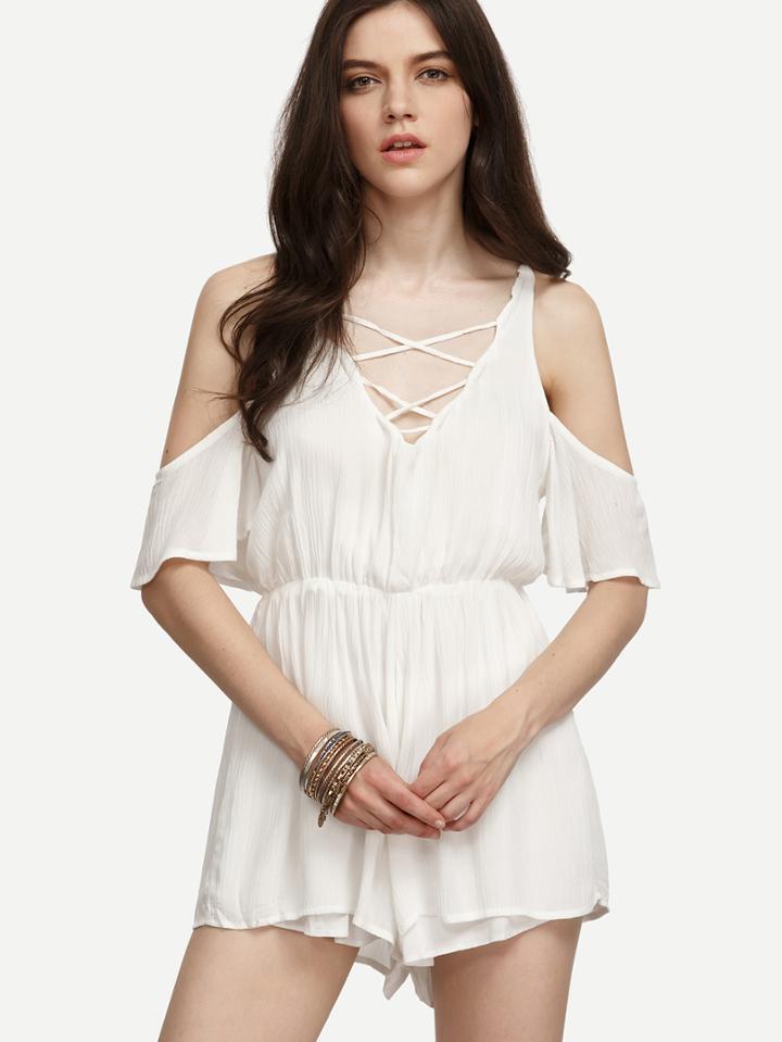 Romwe White Lattice Front Cold Shoulder Romper