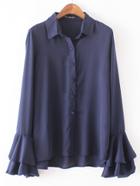 Romwe Navy Lapel Bell Sleeve Buttons Blouse