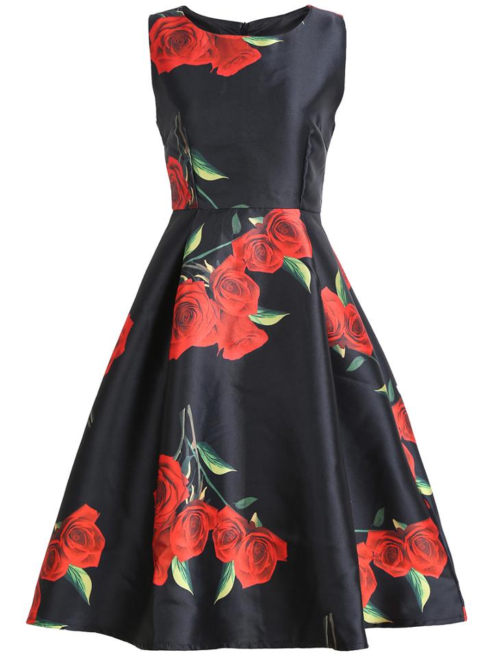 Romwe Sleeveless Rose Print Flare Dress