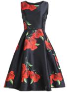 Romwe Sleeveless Rose Print Flare Dress