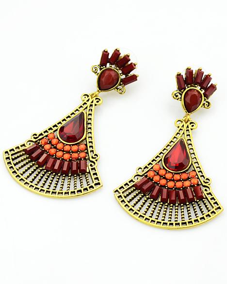 Romwe Red Fan-shaped Gemstone Gold Earrings