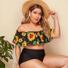 Romwe Plus Sunflower Print Flounce Top With High Waist Bikini