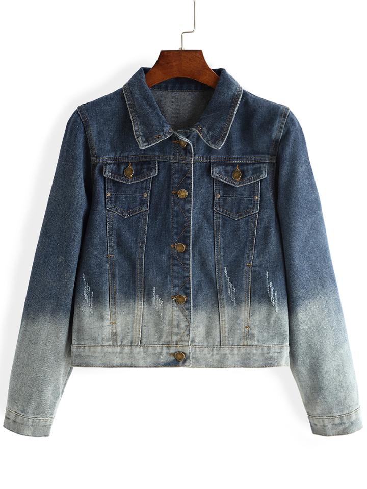 Romwe Lapel Ombre Scratch Denim Pockets Buttons Coat