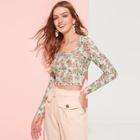 Romwe Botanical Print Crop Fitted Top
