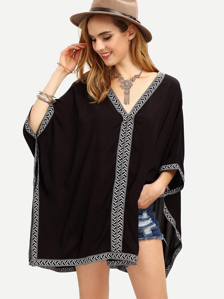 Romwe Chevron Woven Tape Trimmed Poncho Blouse
