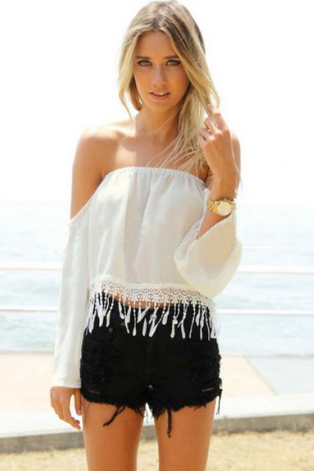 Romwe Off-shoulder Tassel Chiffon Blouse