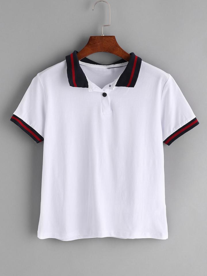 Romwe White Contrast Trim Collar T-shirt