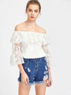 Romwe Flounce Bardot Neck Trumpet Sleeve Embroidered Organza Top