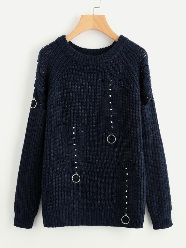 Romwe O-ring & Studs Detail Laddering Glitter Sweater