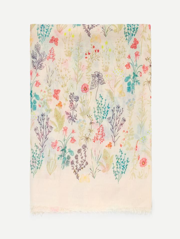 Romwe Calico Print Frayed Trim Scarf