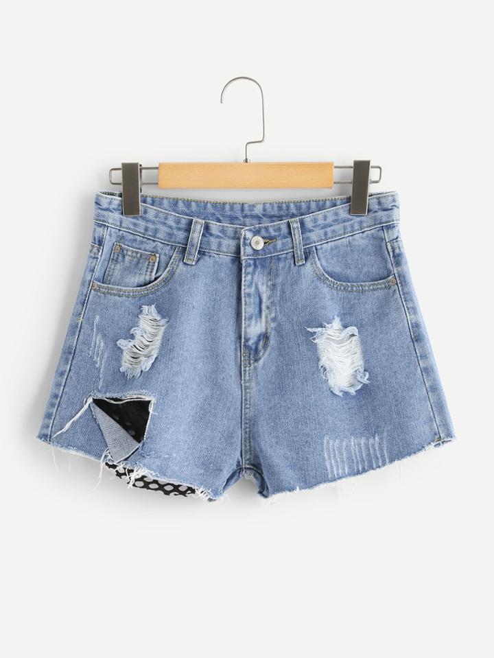 Romwe Contrast Fishnet Ripped Denim Shorts