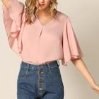 Romwe Pleated Front Flutter Sleeve Top