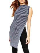 Romwe Mock Neck Vertical Striped Slit Grey Sweater Vest