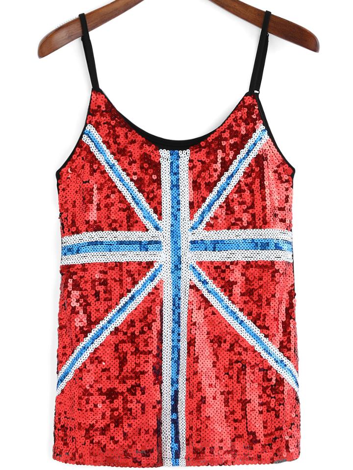 Romwe Spaghetti Strap Union Jack Sequined Red Cami Top