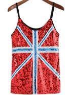 Romwe Spaghetti Strap Union Jack Sequined Red Cami Top